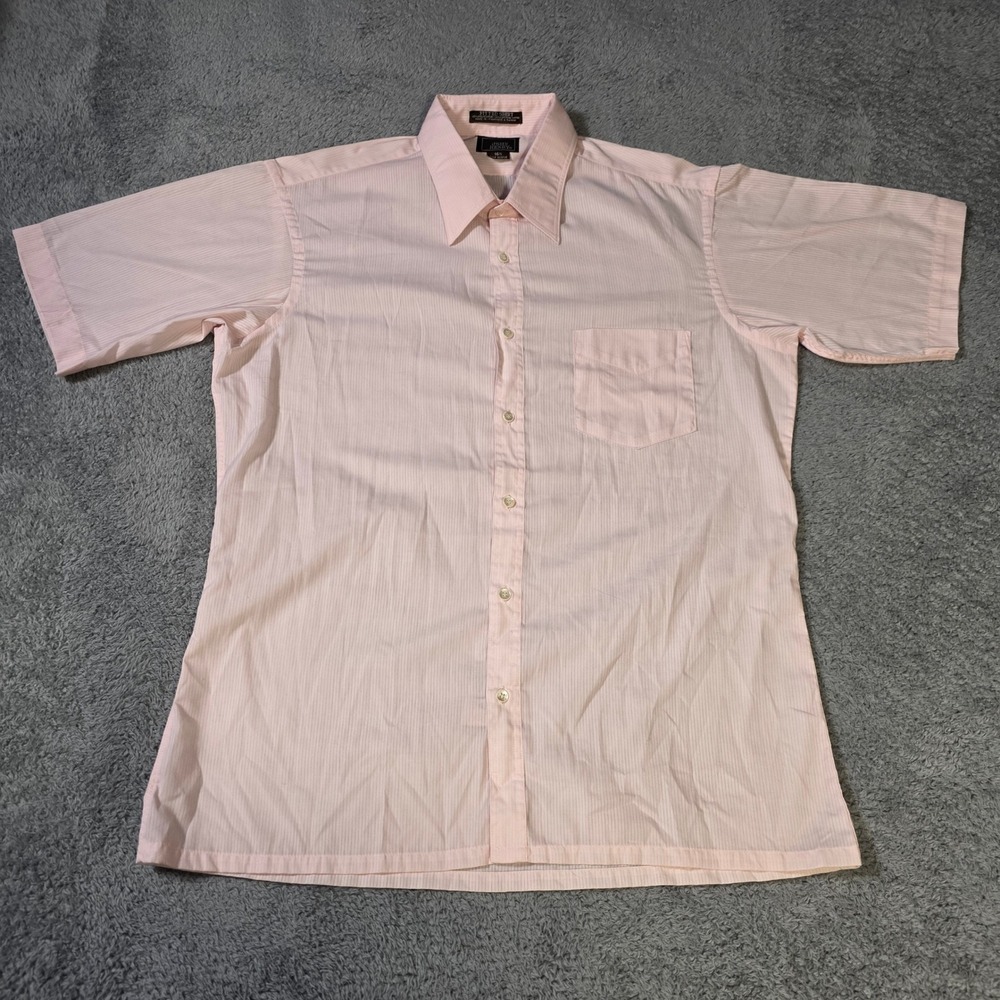 John Henry Mens 16.5 Button Down Shirt Pink Pinstripe Short Sleeve Fitted Pocket